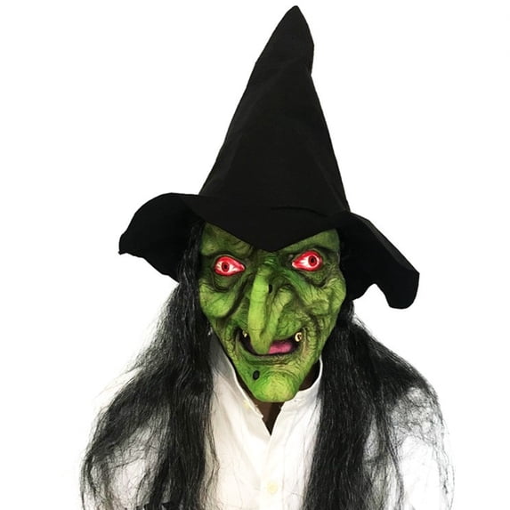 Scary Witch Latex Mask with Hat and Long Hair, Creepy Evil Hag Mask for Halloween Cosplay Party