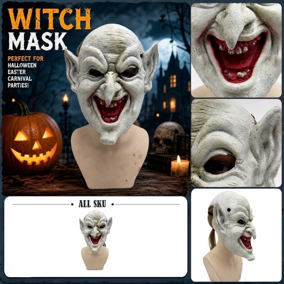 Scary Witch Mask White Latex Full Face Costume Accessory 1 Pack for Halloween Easter Carnival Rave Party Cosplay Dress Up Themed Events Halloween Horror Decoration Props for Adults