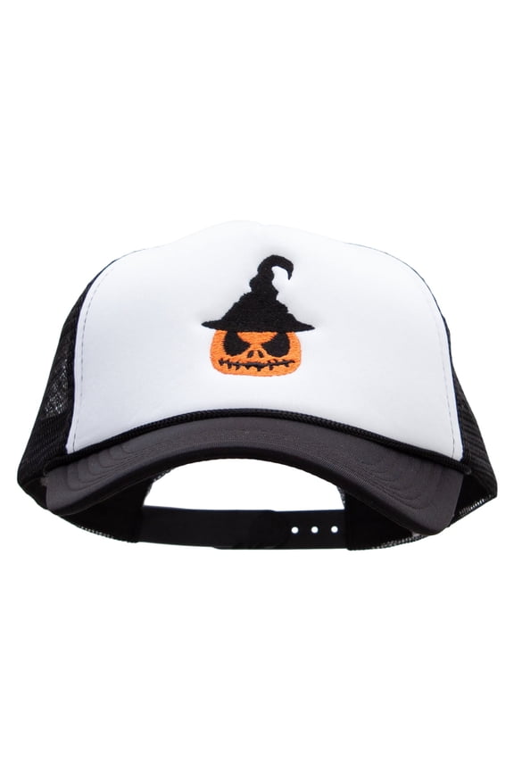Scary Witch Pumpkin Embroidered Summer Foam Mesh Trucker Cap - Black White OSFM