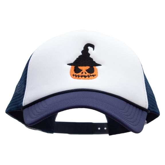 Scary Witch Pumpkin Embroidered Summer Foam Mesh Trucker Cap - Navy White OSFM