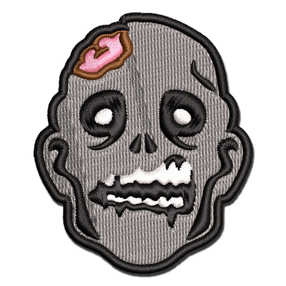 Scary Zombie Head Exposed Brains Applique Multi-Color Embroidered Iron-On Patch - 3.5 Inch Large
