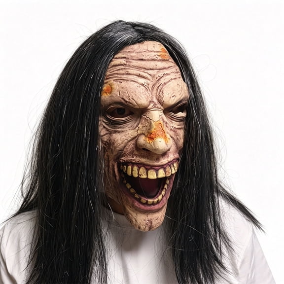 Scary Zombie Head Mask with Hair,Realistic Creepy Smiling Demon Ghost Mask,Horror Zombie Head Masks Fancy Dress for Halloween Carnival Party