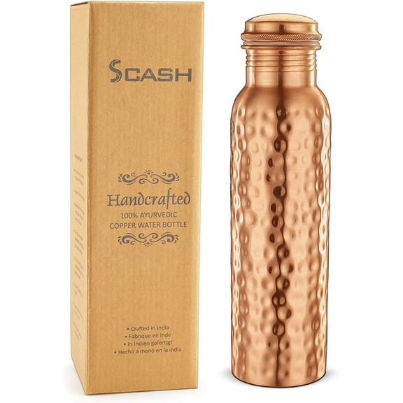 Scash Made in India 30 Oz. Handmade Handcrafted 100% Pure Copper Water Bottle Vessel Hammered Finish Leak Proof Gift Set Box Ayurveda Health Benefits