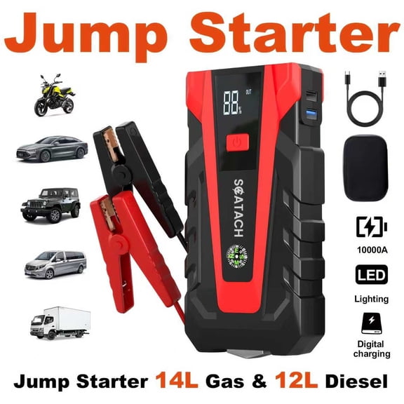 Scatach 011 10000A Car Battery Starter, 12V Starter Battery Pack Portable Starter Power LED Display Screen, PortableJumper Box With 3 M