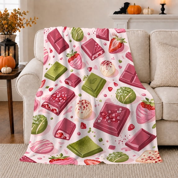 Scattered Chocolate Bars Strawberry Treats Sweetheart Pattern, Cozy Friendship Quote Scene, Warm Flannel Blanket for Living Room and Reading Nook, Art Lovers Friendship Gift, Artistic Home Decor