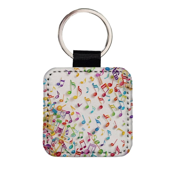 Scattered Colorful Rainbow Music Musical Notes Faux Leather Square Keychain