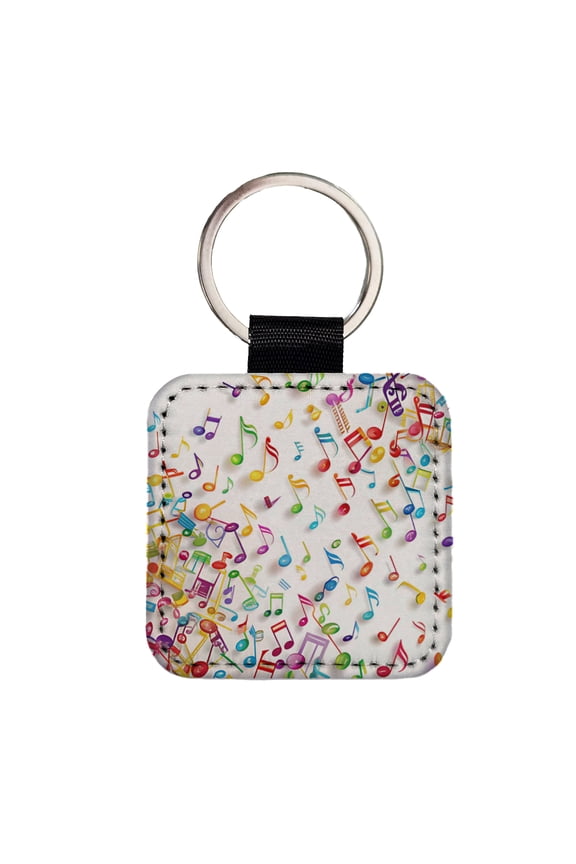 Scattered Colorful Rainbow Music Musical Notes Faux Leather Square Keychain