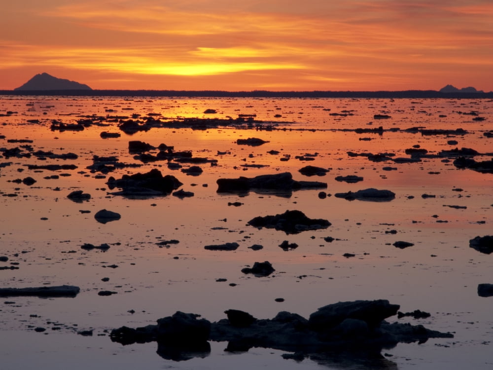 Scattered Ice On Turnagain Arm With Sun Setting Behind Mt Redoubt Southcentral Alaska Canvas Art - Hal Gage Design Pics (17 x 12)