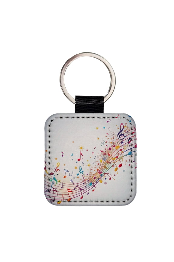 Scattered Music Notes Design Faux Leather Square Keychain
