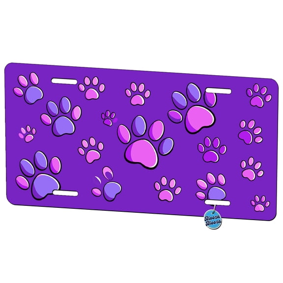 Scattered Paw Prints On Purple Metal Novelty License Plate