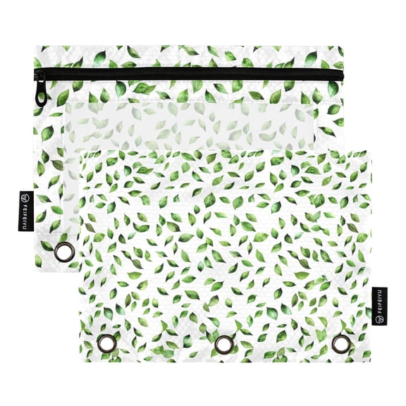Scattered Small Leaves 2 Pack Pencil Pouch for 3 Ring Binder Smooth Zipper Folders with Pockets Clear Window Pencil Case