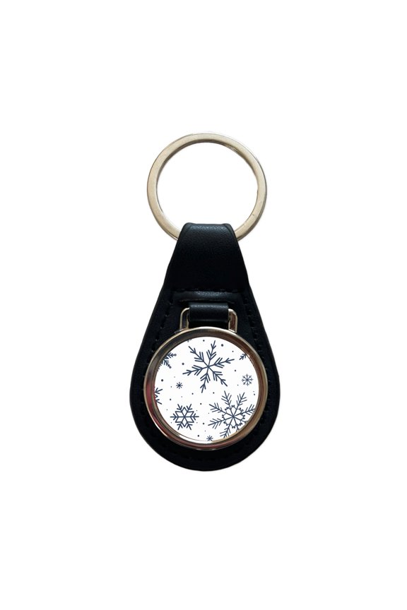 Scattered Snowflakes Winter Christmas Metal Black Leather Keychain