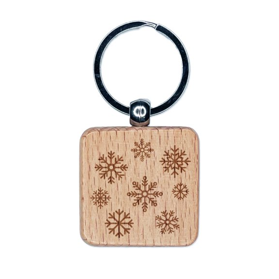 Scattered Snowflakes Winter Square Keychain Charm Tag - Engraved Wood