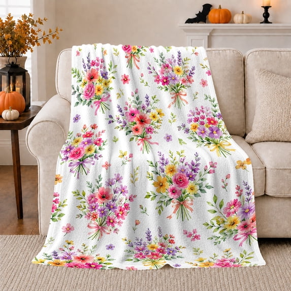 Scattered Wildflower Bouquets with Pink and Lavender Blooms, Playful Botanical Motif for Garden Lovers, Mother's Day Gift, Cozy Flannel Blanket for Sunroom and Guest Room, Floral Home Decor