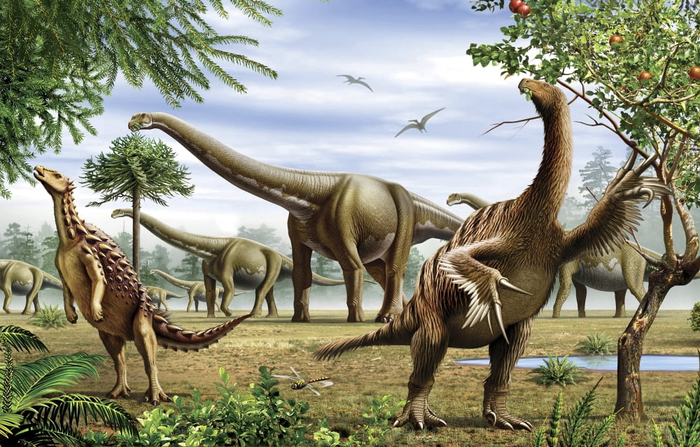 Scelidosaurus Nothronychus and Argentinosaurus dinosarus grazing on leaves Canvas Art - Mohamad Haghani (18 x 12)