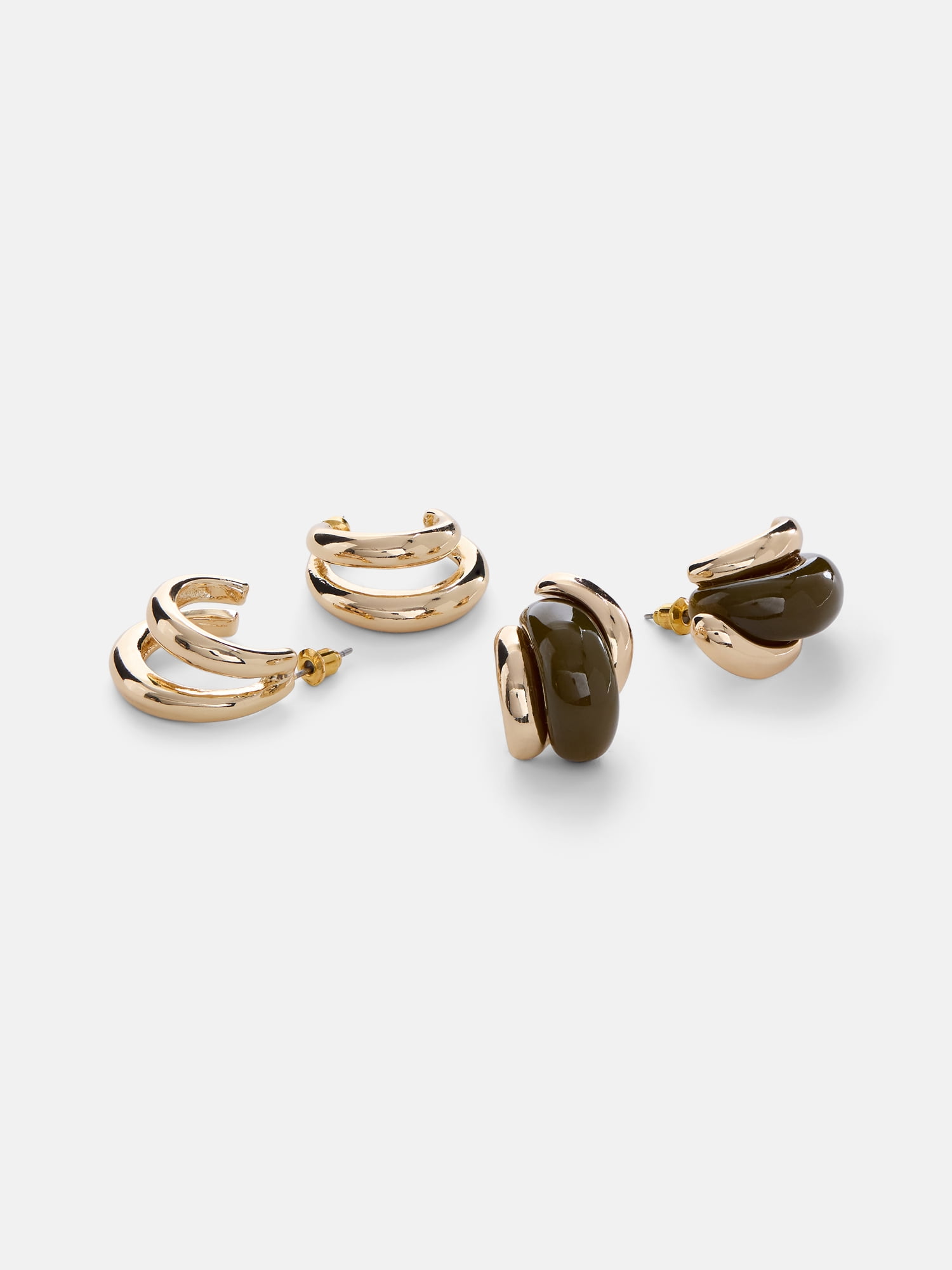 Scenario Women's Gold-Tone Acrylic Green Curved and Double Hoop Earrings Set, 2-Pair