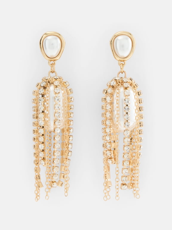 Women's Gold-Tone Faux Pearl Stone Rhinestone Chain Drop Earrings
