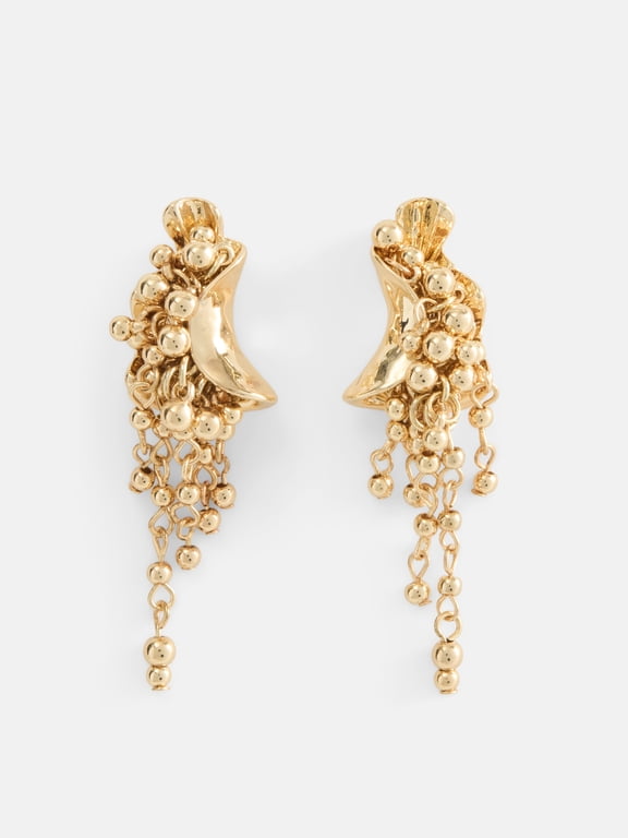 Women's Gold-Tone Textured Crescent Metal Beaded Fringe Drop Earrings