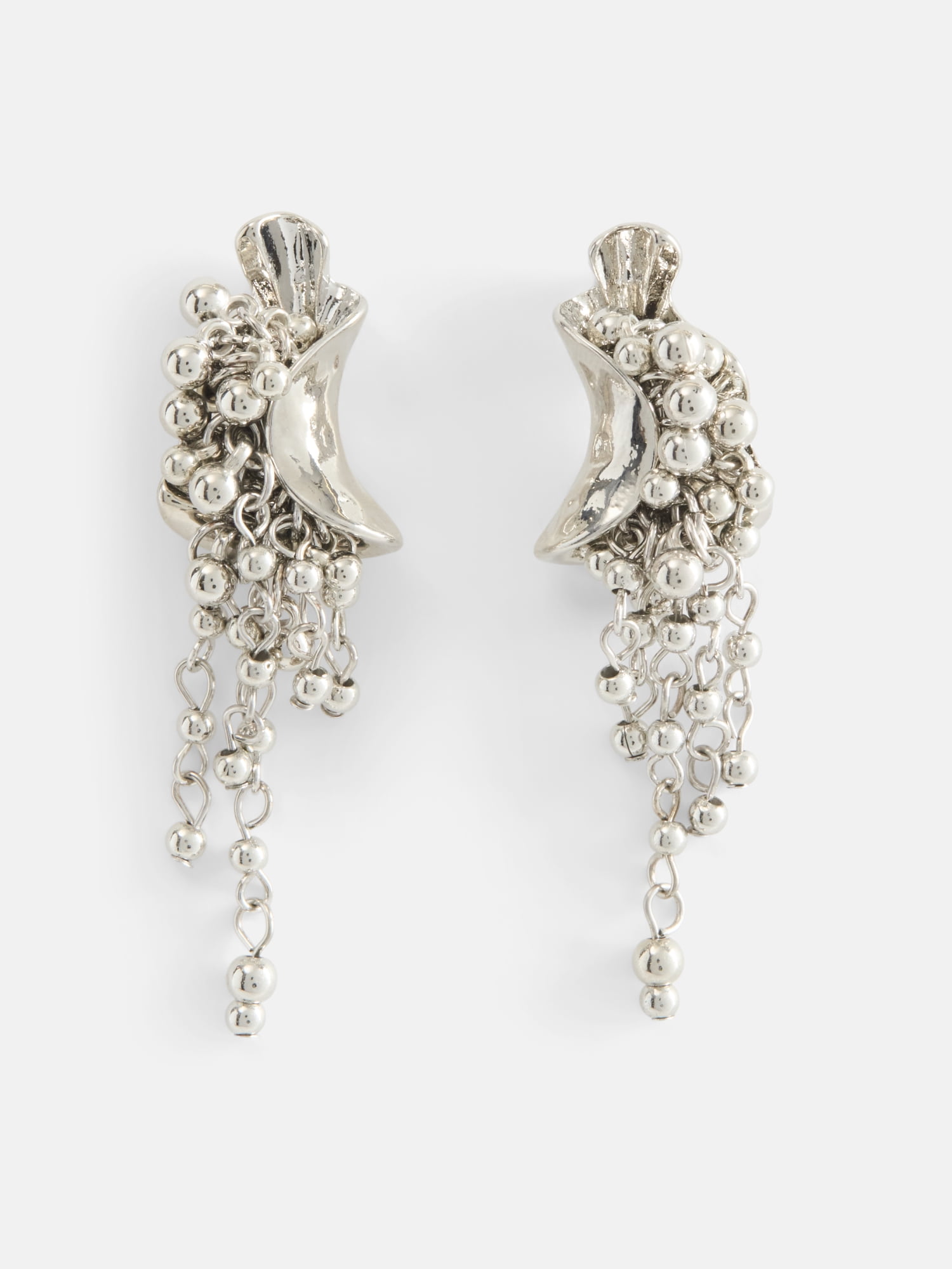 Scenario Women's Silver-Tone Textured Crescent Metal Beaded Fringe Drop Earrings