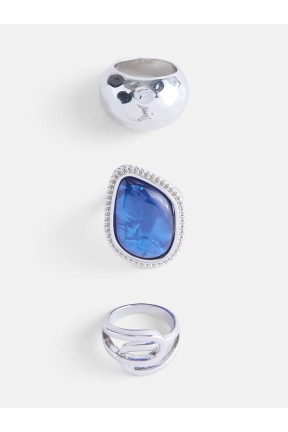 Statement Rings Silver and Blue for Female Adults and Teens, 3 pack