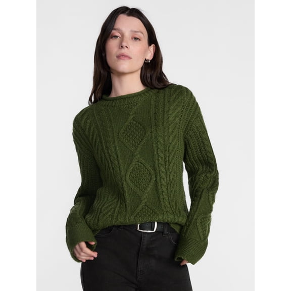 Scenario Women's Cable Knit Rollneck Sweater with Long Sleeves, Midweight, Sizes XS-XXXL