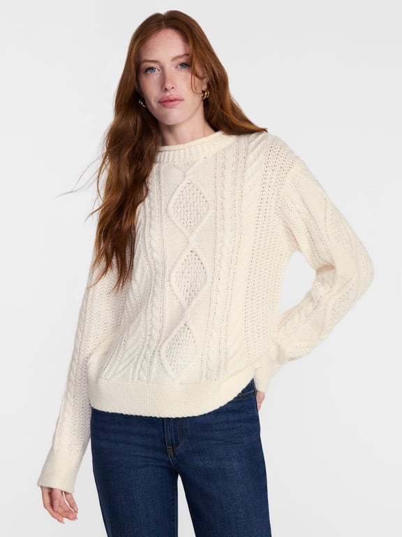 Women's Cable Knit Rollneck Sweater with Long Sleeves, Midweight, Sizes XS-XXXL