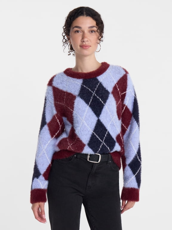 Women's and Women's Plus Argyle Sweater, Lightweight, Sizes XS-4X