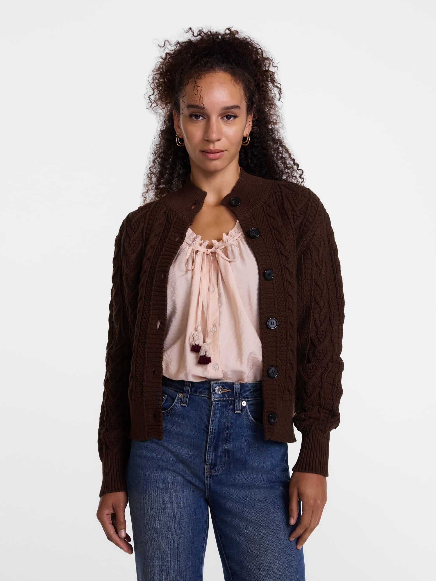 Scenario Woman's Cable Cardigan Sweater with Long Sleeves, Mid-weight, Sizes XS-XXXL