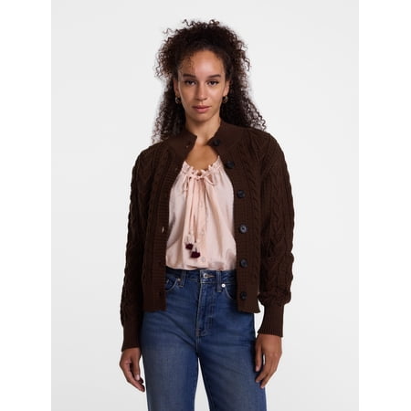 Scenario Woman's Cable Cardigan Sweater with Long Sleeves, Mid-weight, Sizes XS-XXXL