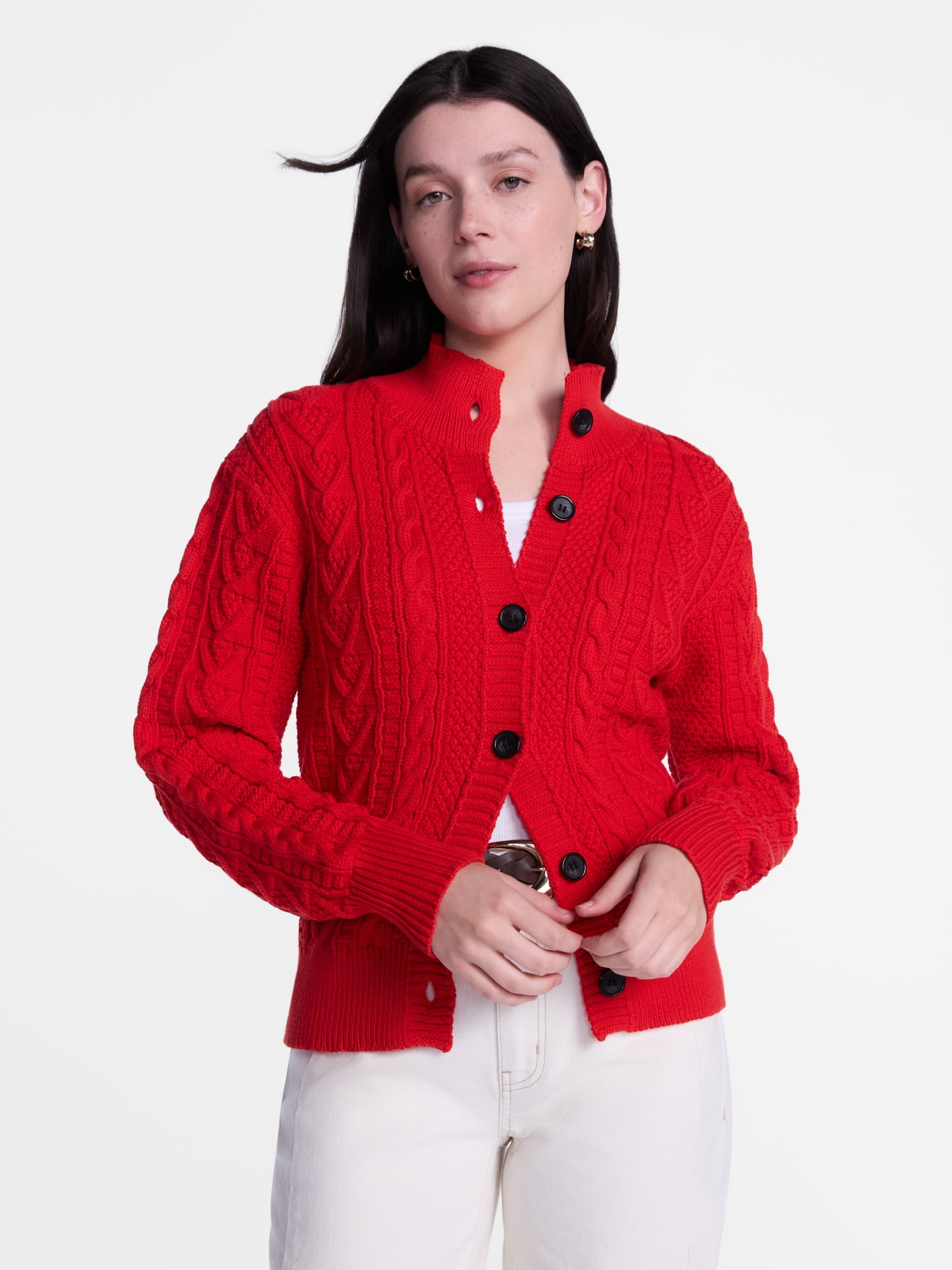 Scenario Woman's Cable Cardigan Sweater with Long Sleeves, Mid-weight, Sizes XS-XXXL