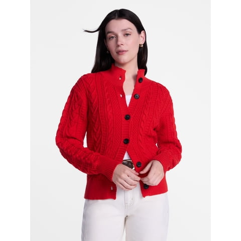Woman's Cable Cardigan Sweater with Long Sleeves, Mid-weight, Sizes XS-XXXL