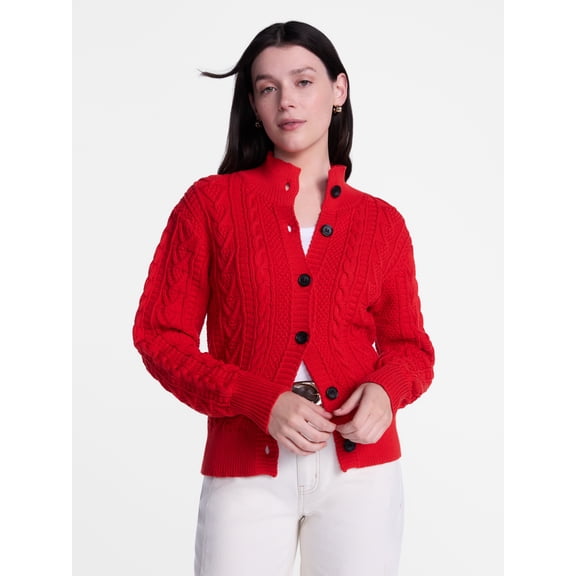 Scenario Woman's Cable Cardigan Sweater with Long Sleeves, Mid-weight, Sizes XS-XXXL
