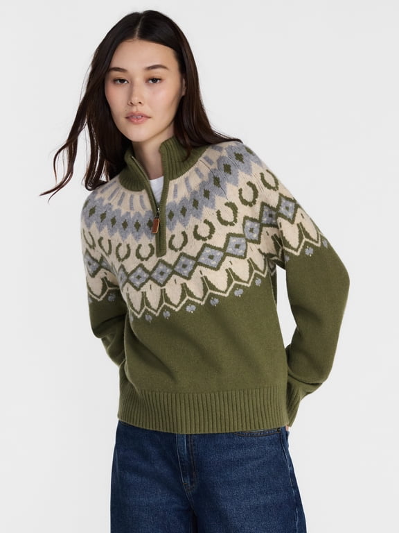 Women's and Women's Plus Fair Isle Quarter Zip Sweater, Midweight, Sizes XS-4X