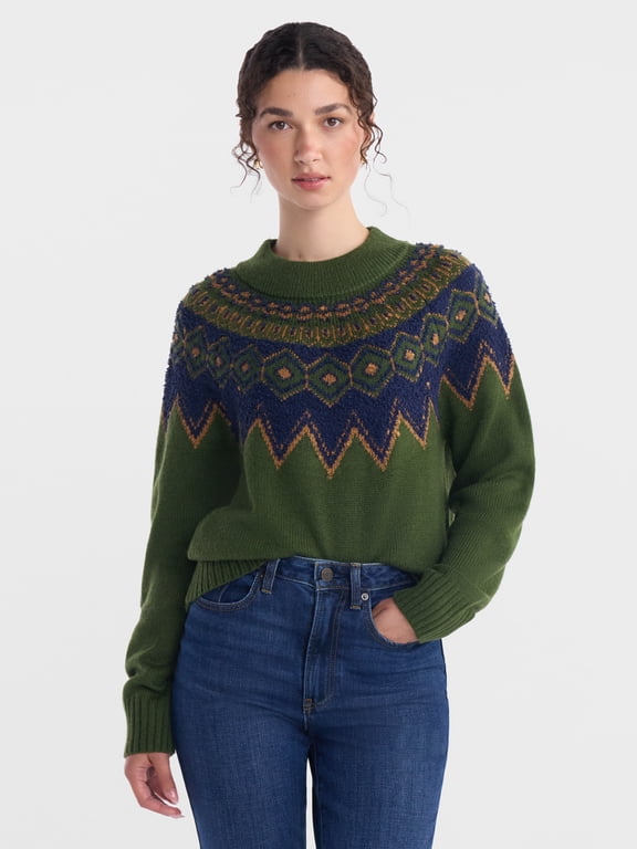 Women's and Women's Plus Fair Isle Sweater with Long Sleeves, Midweight, Sizes XS-4X