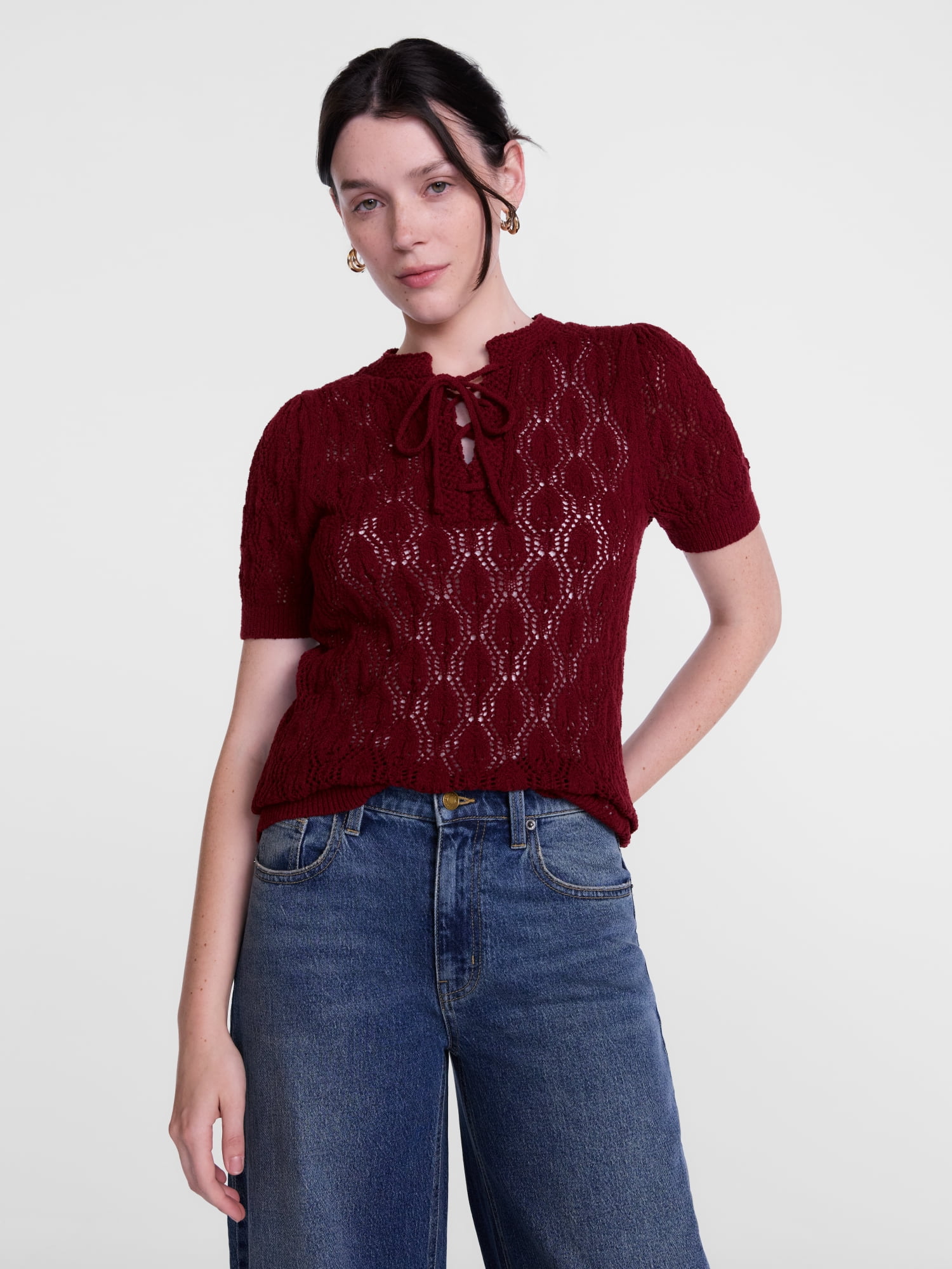 Scenario Woman's Lace Up Open Knit Sweater, Lightweight, Sizes XS-XXXL