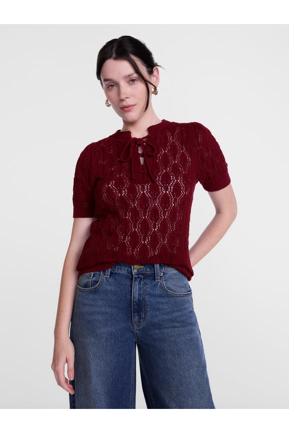 Woman's Lace Up Open Knit Sweater, Lightweight, Sizes XS-XXXL