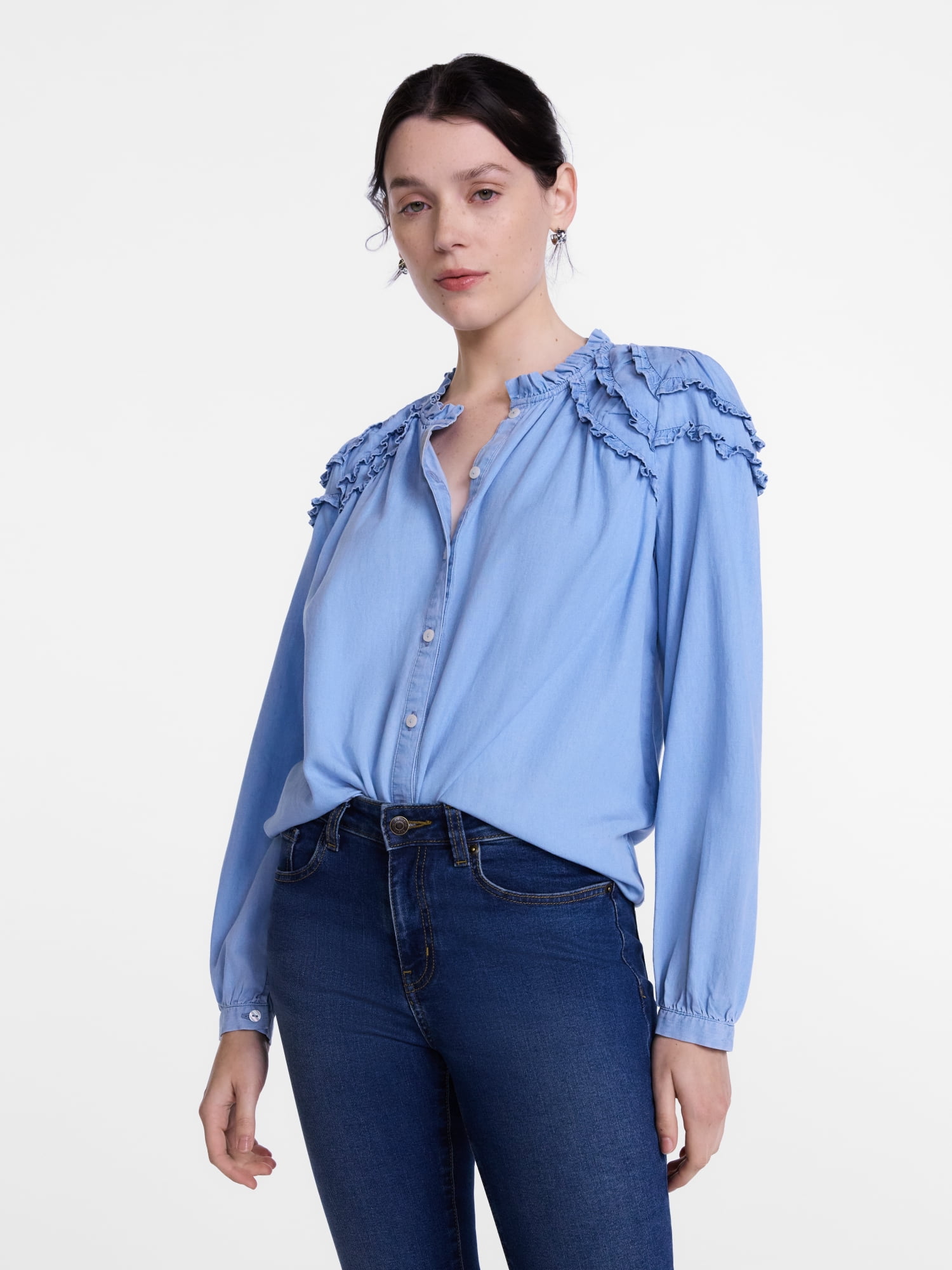 Scenario Women's and Women's Plus Ruffle Shoulder Top with Long Sleeves, Size XS-4X