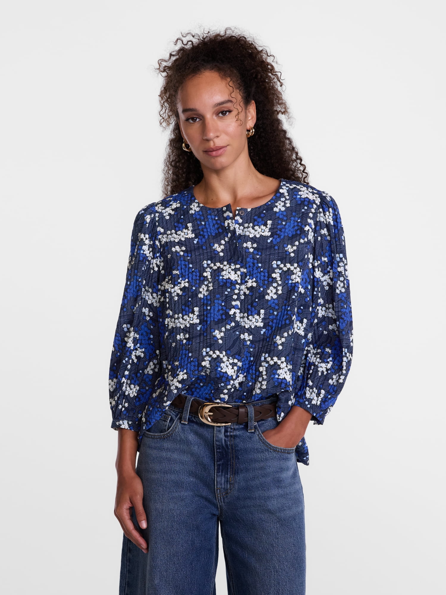 Scenario Women's and Women's Plus Blouse with 3/4-Length Puff Sleeves, Sizes XS-4X