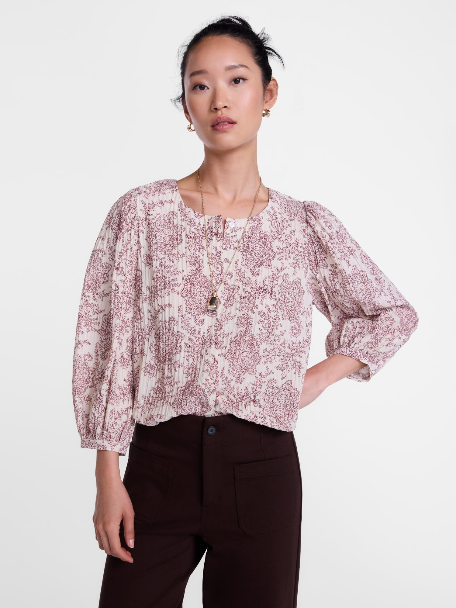 Scenario Women's and Women's Plus Blouse with 3/4-Length Puff Sleeves, Sizes XS-4X