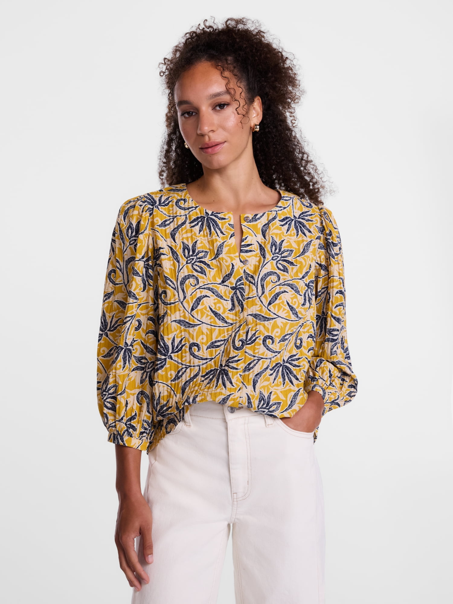 Scenario Women's and Women's Plus Blouse with 3/4-Length Puff Sleeves, Sizes XS-4X