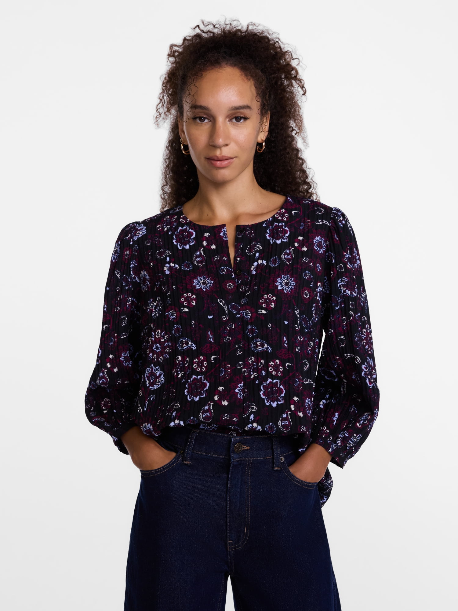 Scenario Women's and Women's Plus Blouse with 3/4-Length Puff Sleeves, Sizes XS-4X