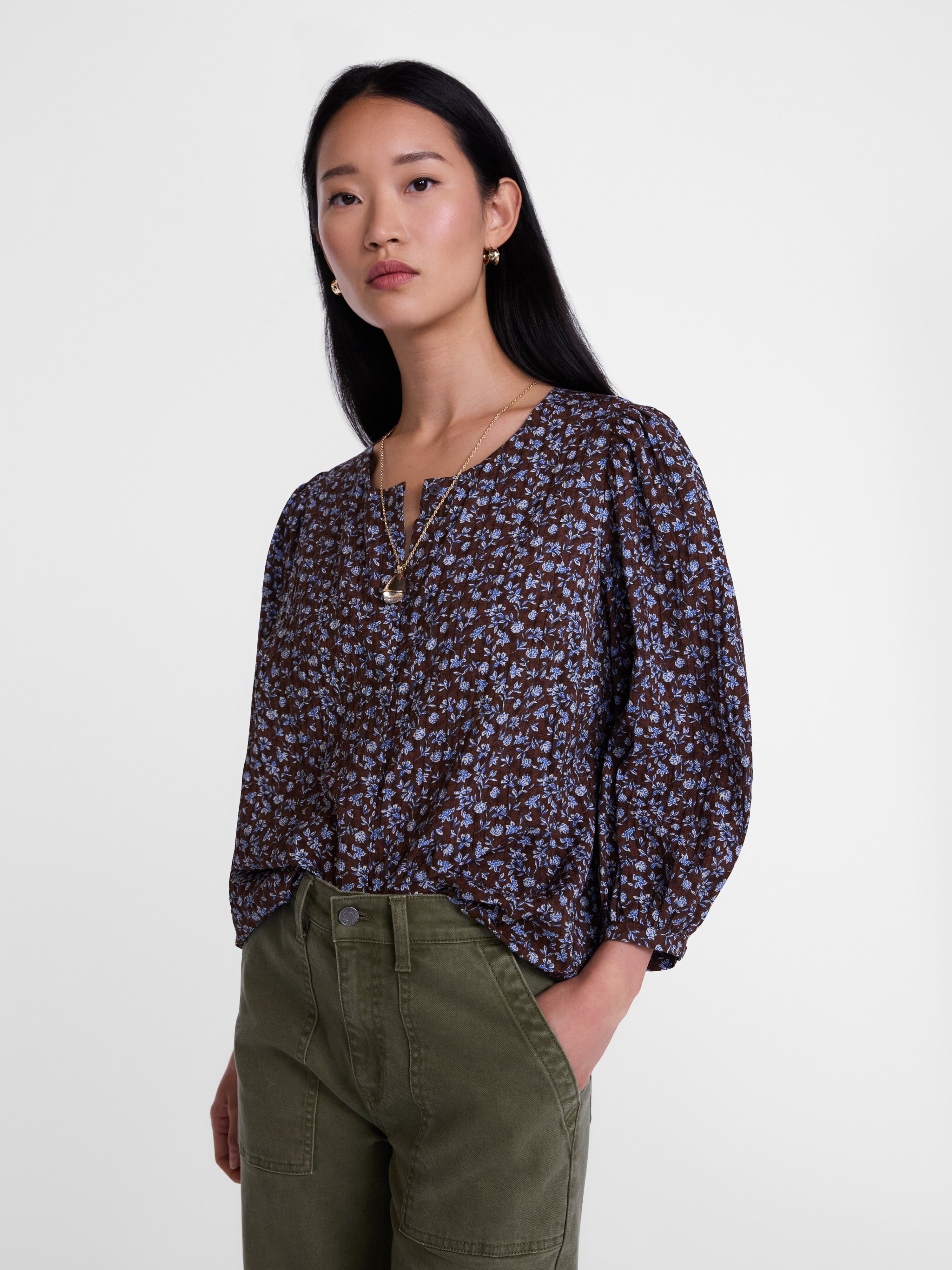 Scenario Women's and Women's Plus Blouse with 3/4-Length Puff Sleeves, Sizes XS-4X