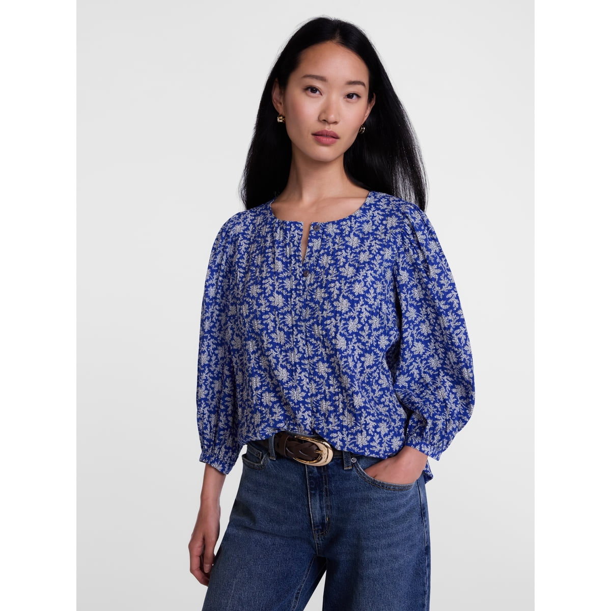 Women's and Women's Plus Blouse with 3/4-Length Puff Sleeves, Sizes XS-4X