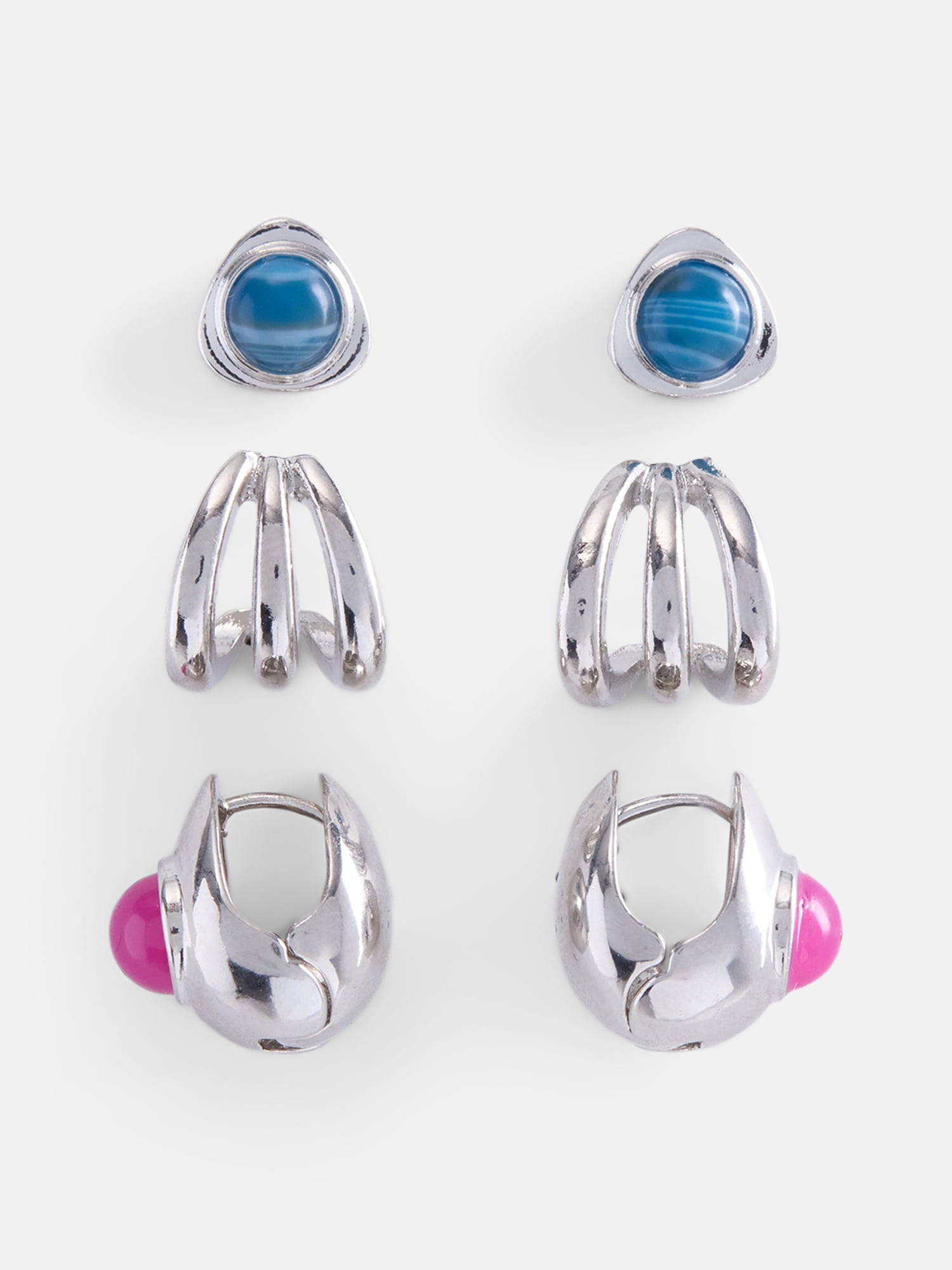 Scenario Women's Silver Tone Earrings with Resin Stones, 3-Piece Set