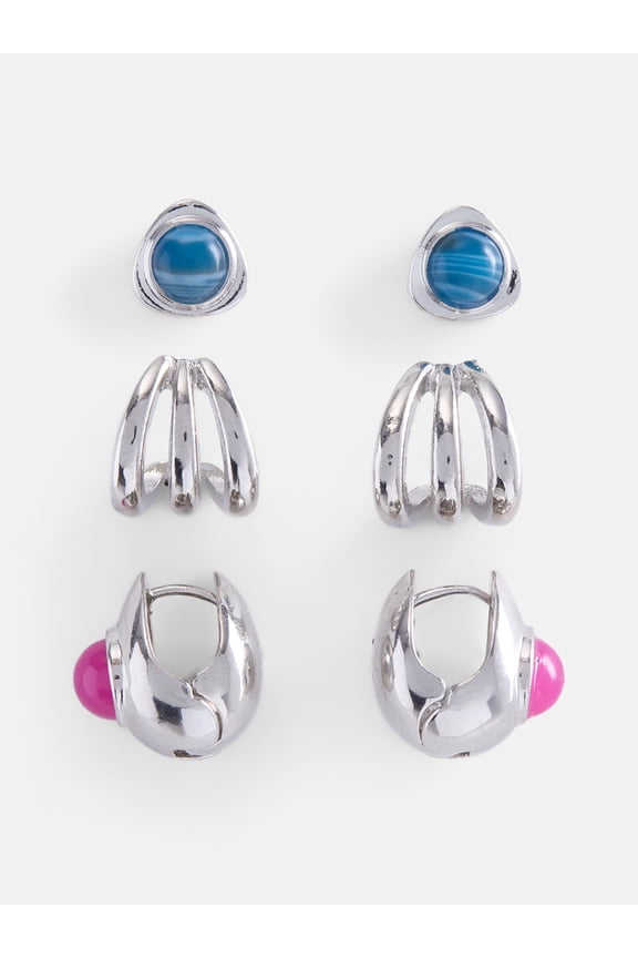 Women's Silver Tone Earrings with Resin Stones, 3-Piece Set