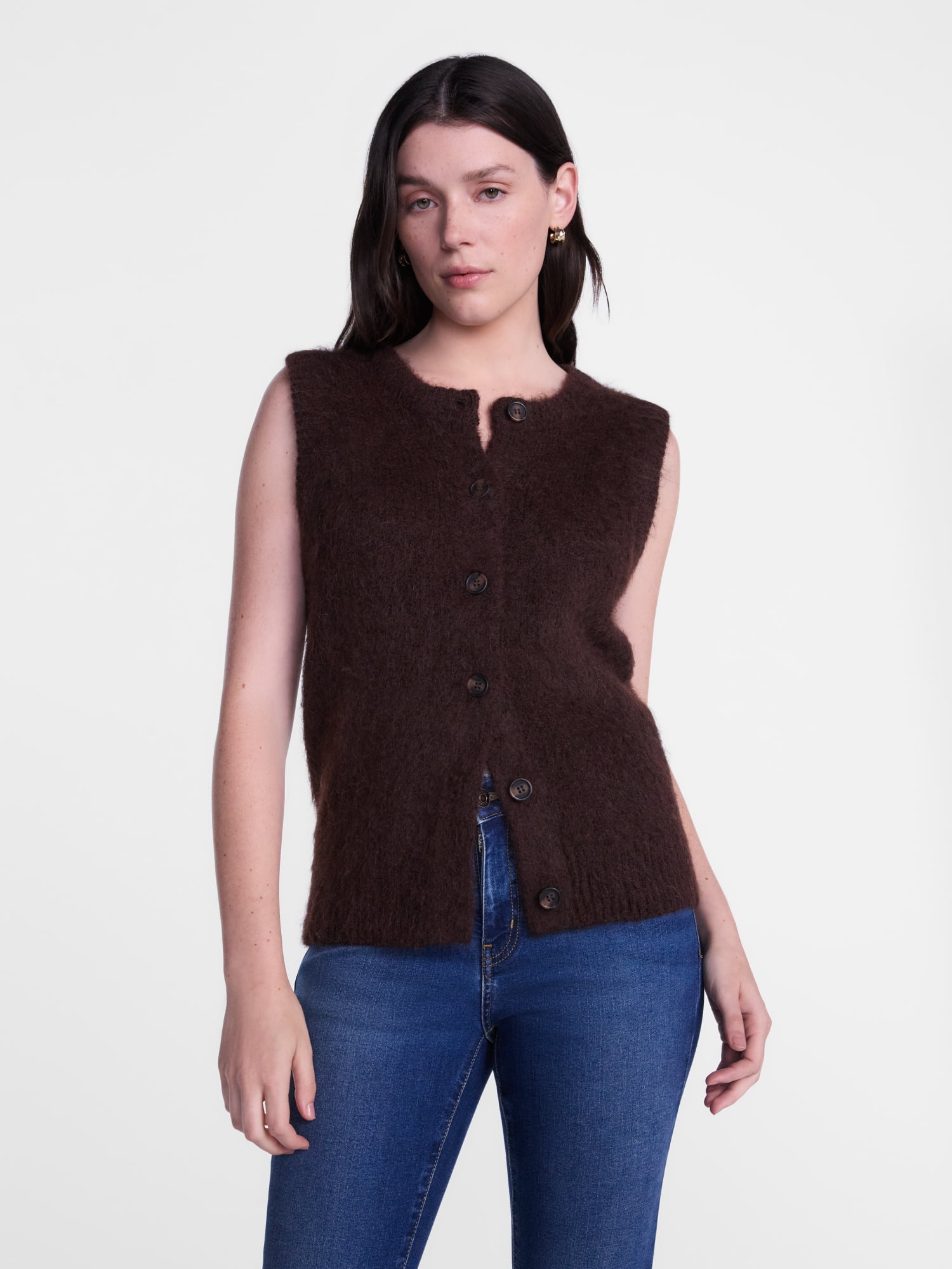 Scenario Women's and Women's Plus Button Front Textured Sweater Vest, Lightweight, Sizes XS-4X
