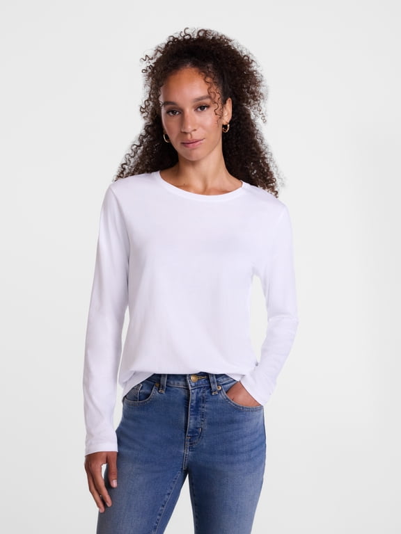 Women's Cotton Crewneck Tee with Long Sleeves, Sizes XS-XXXL