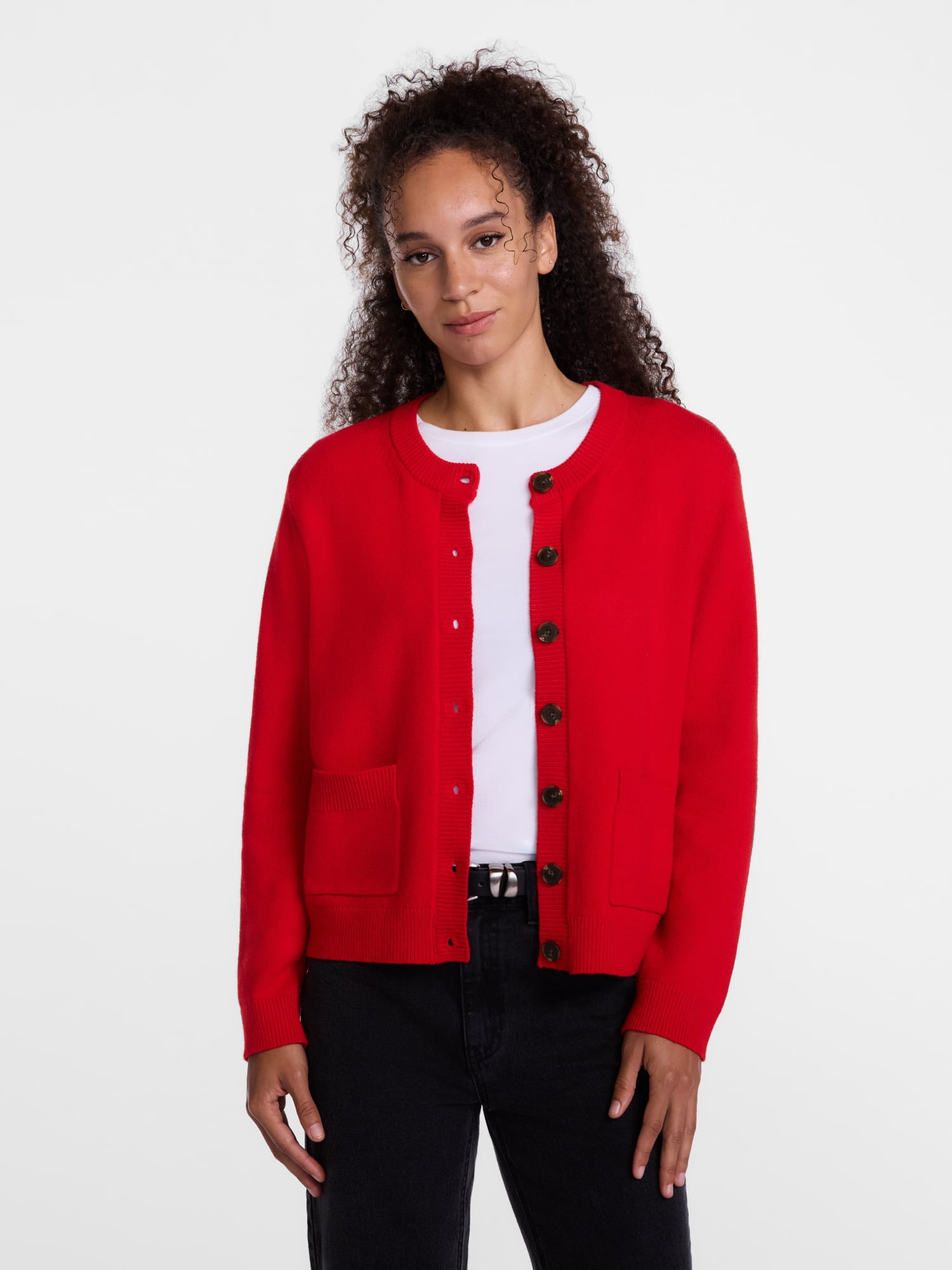 Scenario Women's Crewneck Cardigan with Patch Pockets, Lightweight, Sizes XS-XXXL