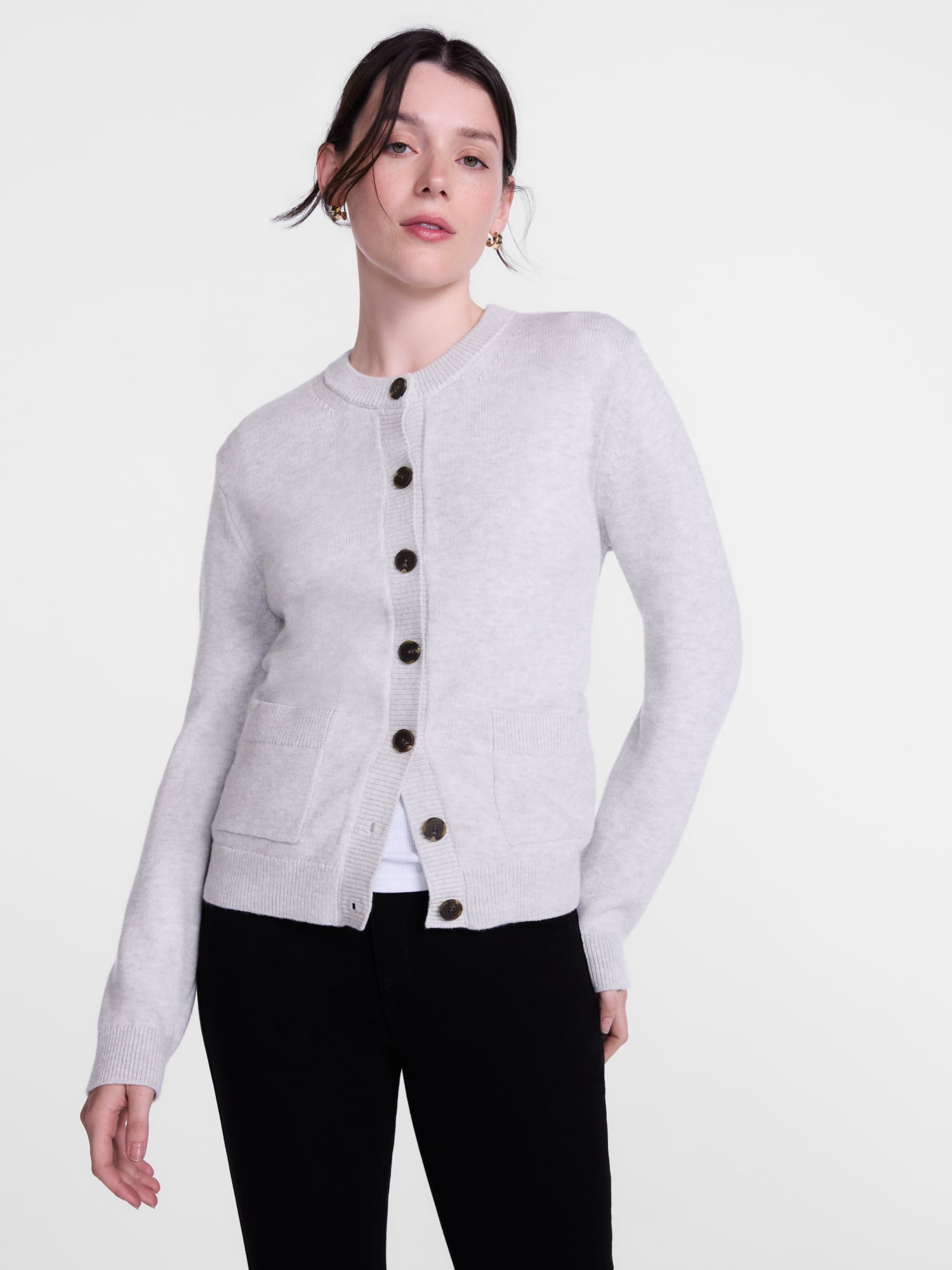 Scenario Women's Crewneck Cardigan with Patch Pockets, Lightweight, Sizes XS-XXXL