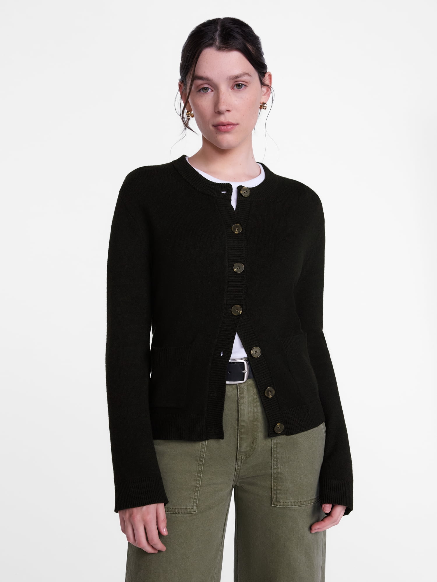 Scenario Women's Crewneck Cardigan with Patch Pockets, Lightweight, Sizes XS-XXXL